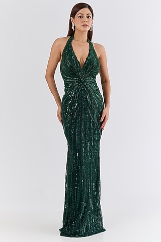 Emerald Green Italian Tulle Glass Bead Embroidered Halter Gown by Bhawna Rao
