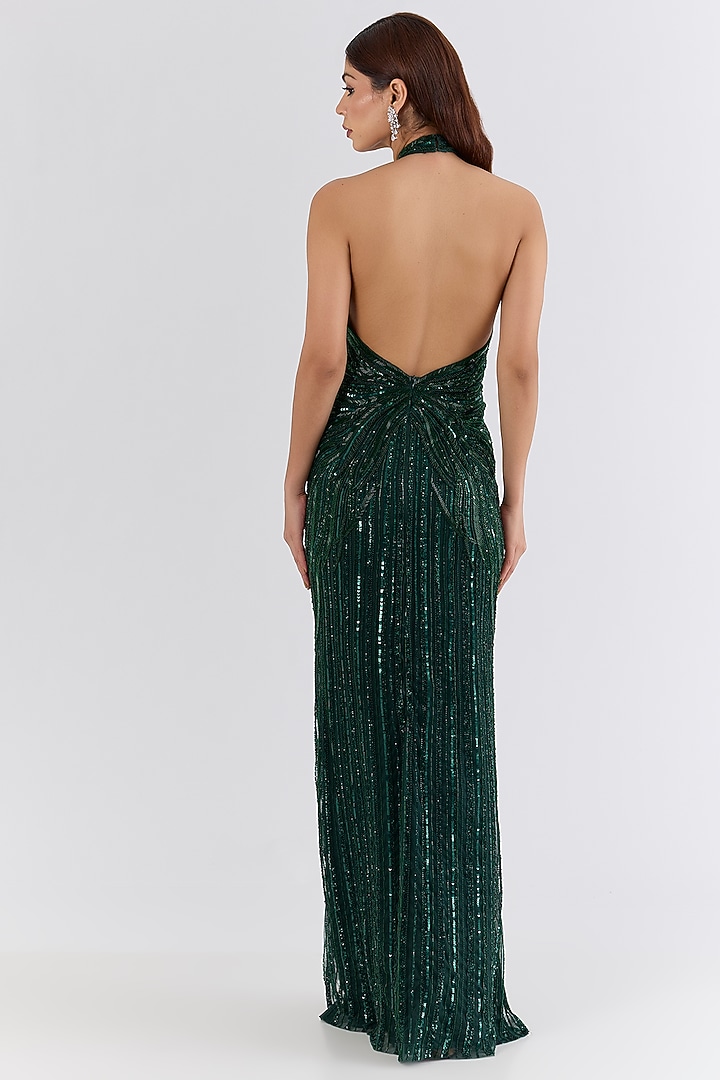 Emerald Green Italian Tulle Glass Bead Embroidered Halter Wedding Gown by Bhawna Rao at Pernia's Pop Up Shop