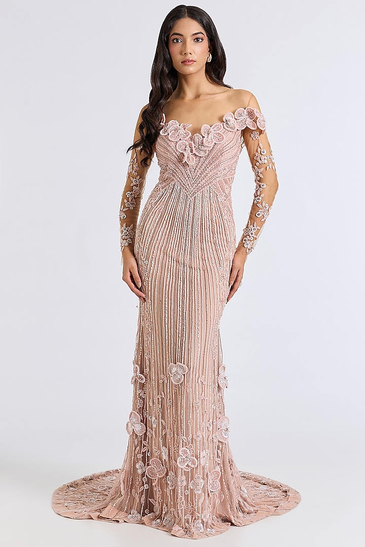 Pale Pink Italian Tulle Hand Embroidered Bridal Gown by Bhawna Rao at Pernia's Pop Up Shop