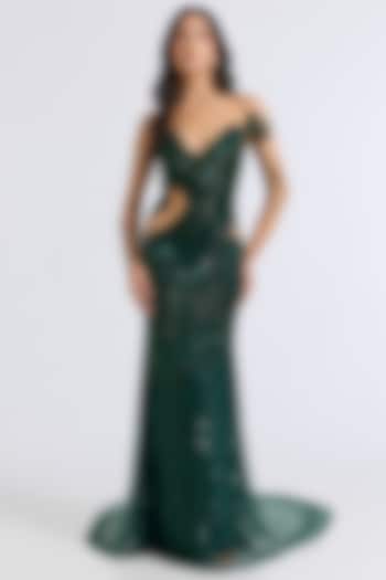 Emerald Green Italian Tulle Hand Embroidered Wedding Gown by Bhawna Rao at Pernia's Pop Up Shop