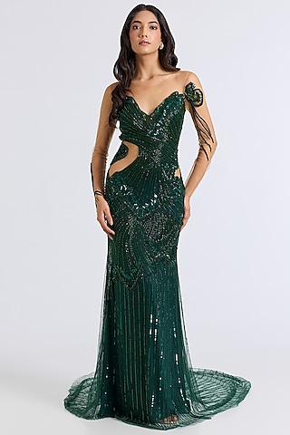 Emerald Green Italian Tulle Hand Embroidered Gown by Bhawna Rao