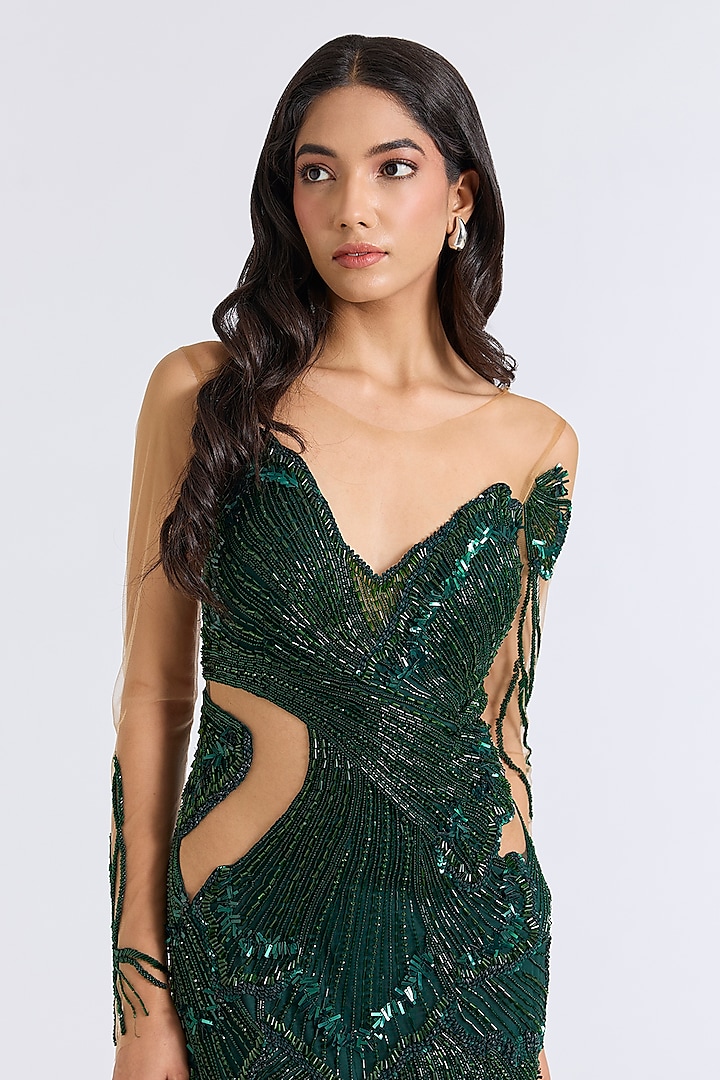 Emerald Green Italian Tulle Hand Embroidered Wedding Gown by Bhawna Rao at Pernia's Pop Up Shop