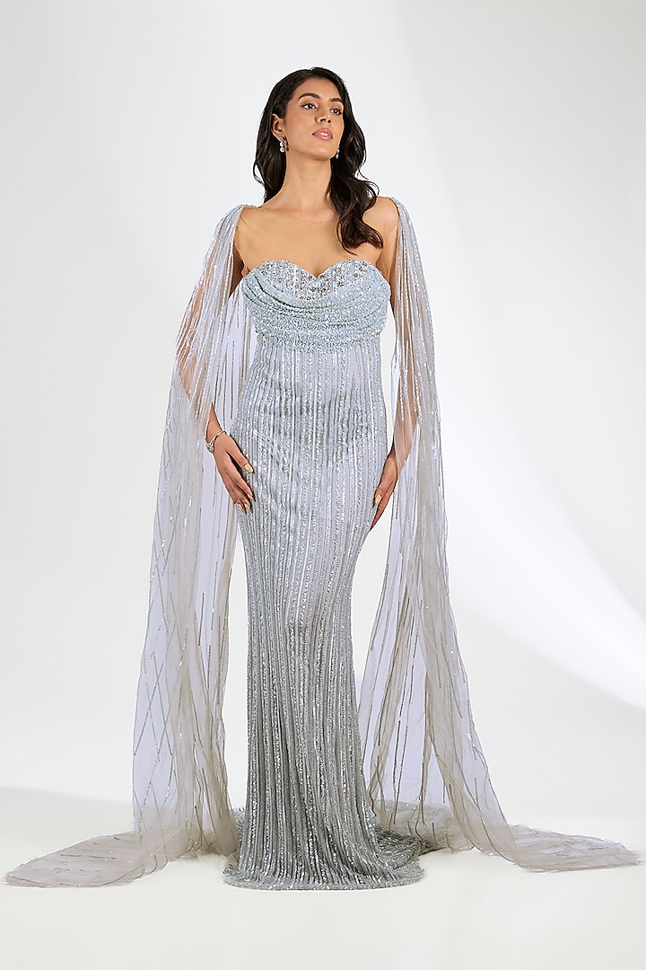 Blue Italian Tulle Crystal Hand Embellished Corset Wedding Gown by Bhawna Rao at Pernia's Pop Up Shop