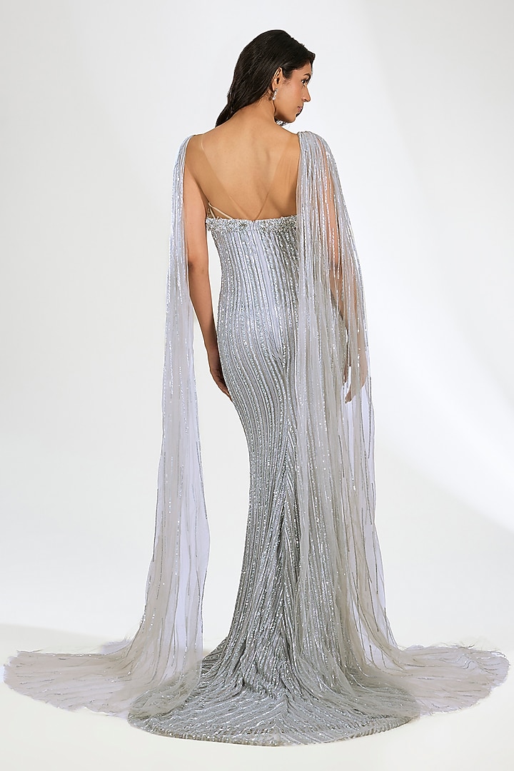 Blue Italian Tulle Crystal Hand Embellished Corset Bridal Gown by Bhawna Rao at Pernia's Pop Up Shop