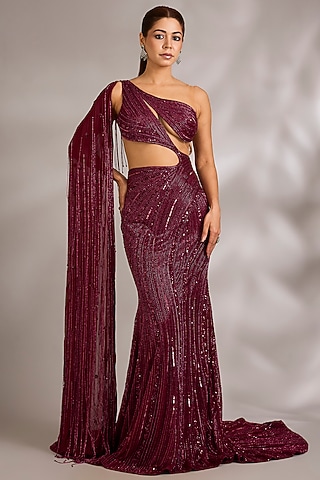 Rose Red Italian Tulle Embellished Gown by Bhawna Rao