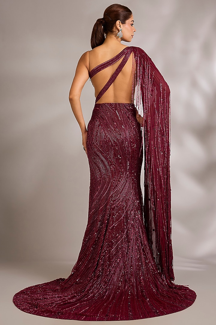 Rose Red Italian Tulle Embellished Bridal Gown by Bhawna Rao at Pernia's Pop Up Shop