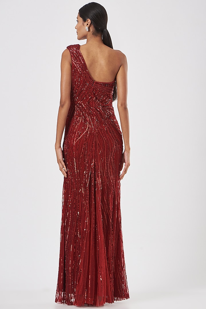 Dark Red Hand Embroidered Gown by Bhawna Rao at Pernia's Pop Up Shop