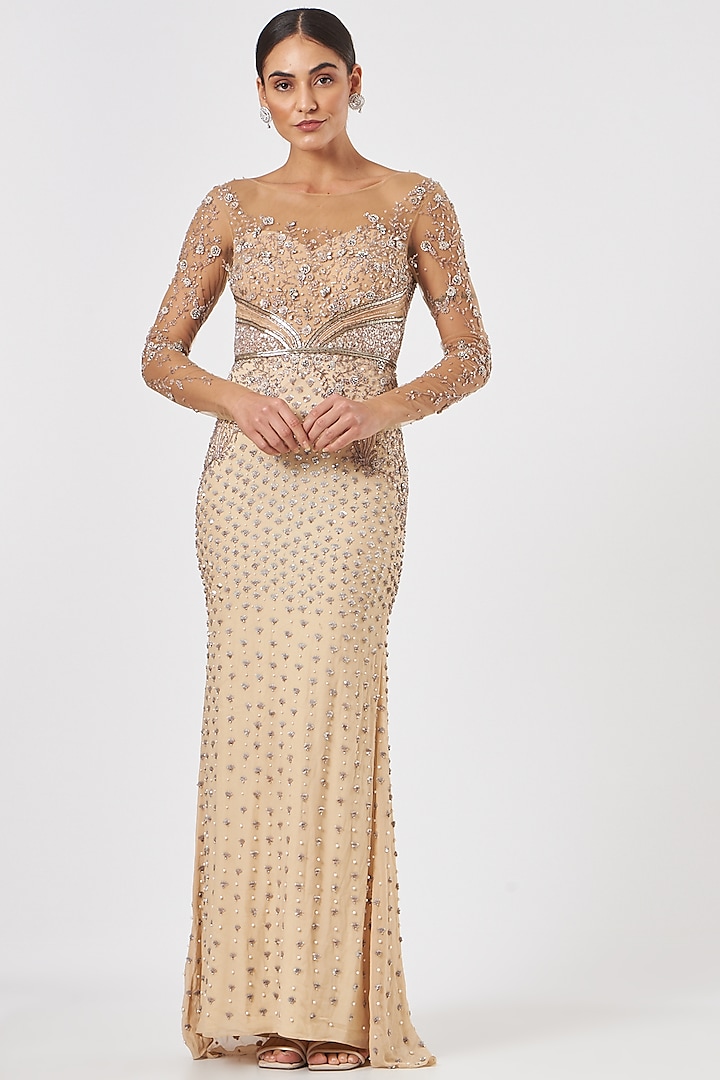 Nude Hand Embroidered Gown by Bhawna Rao
