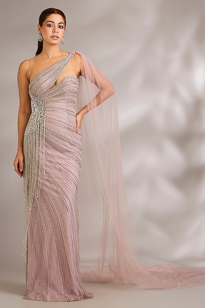 Milky Pink Italian Tulle Embellished Bridal Gown by Bhawna Rao at Pernia's Pop Up Shop