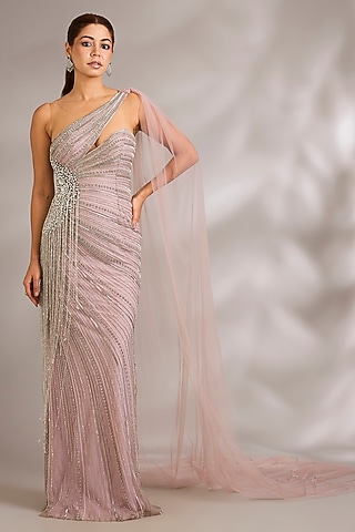 Milky Pink Italian Tulle Embellished Gown by Bhawna Rao