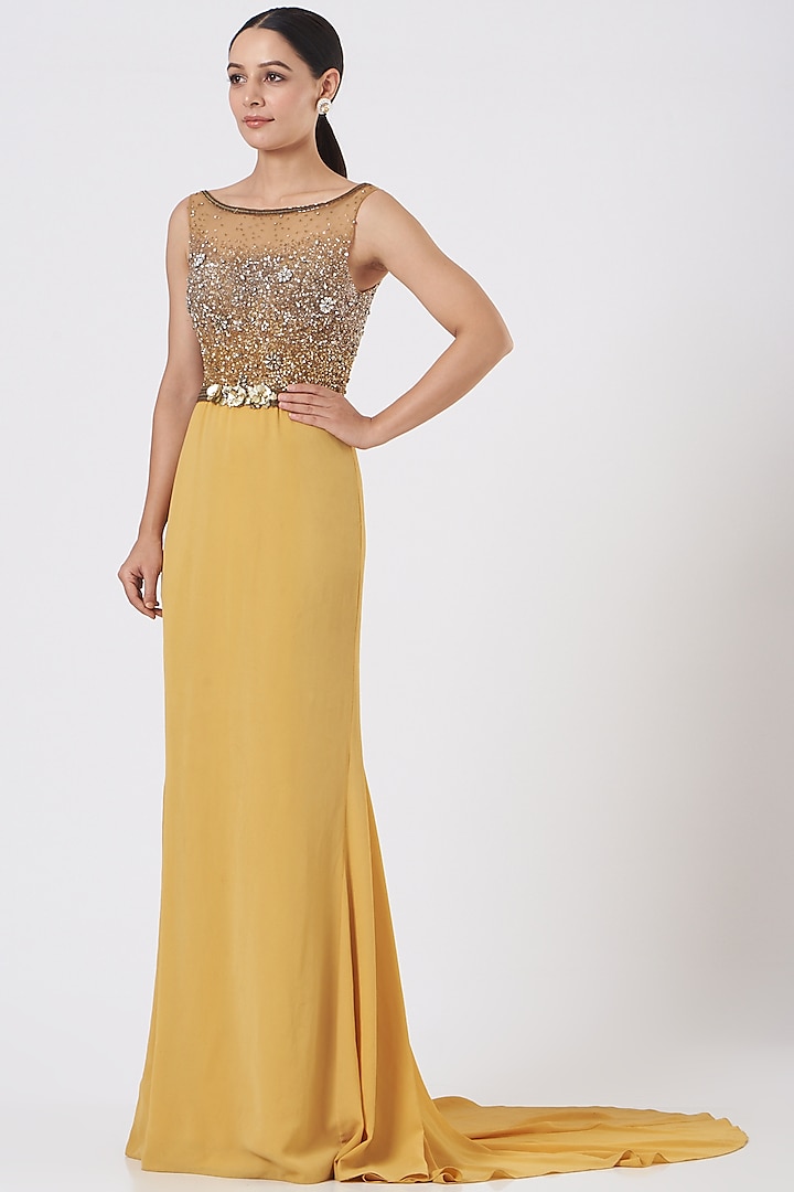 Golden Butterscotch Embroidered Gown by Bhawna Rao