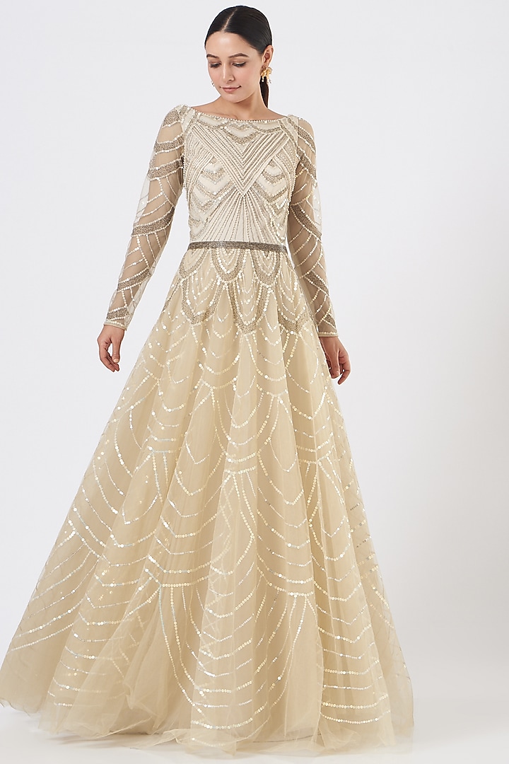 Beige Embroidered Gown by Bhawna Rao