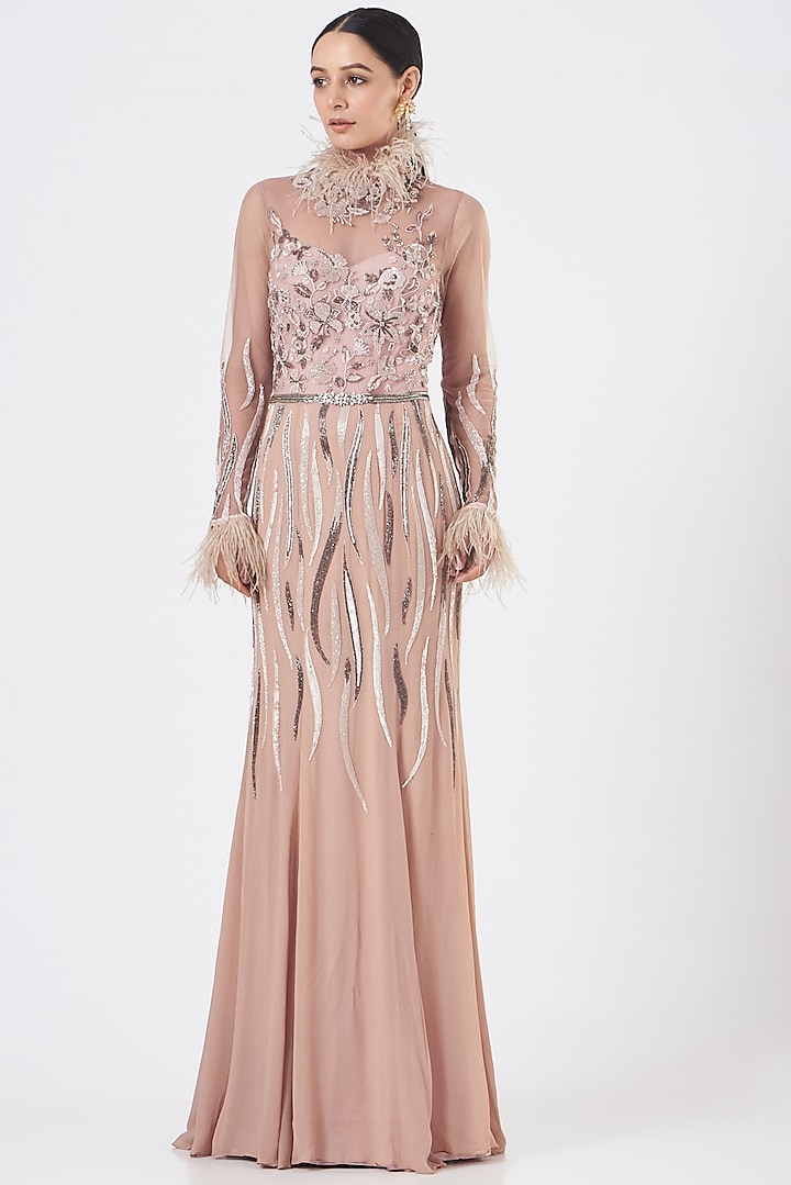 Light Blush Embroidered Gown by Bhawna Rao