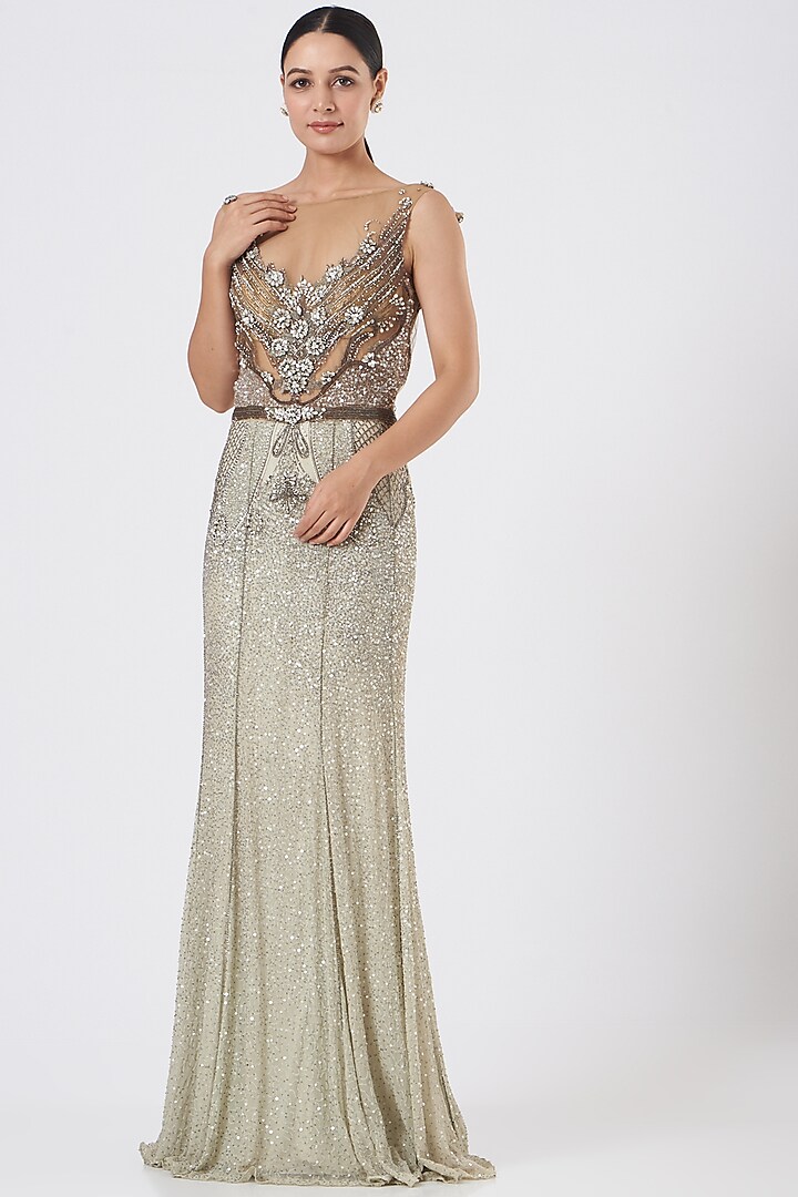Champagne Embroidered Gown by Bhawna Rao