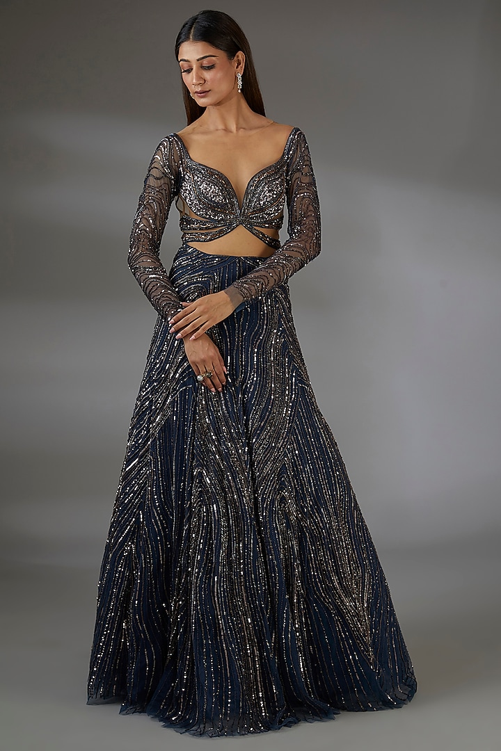 Midnight Blue & Copper Italian Tulle Hand Embroidered Flared Gown by Bhawna Rao at Pernia's Pop Up Shop