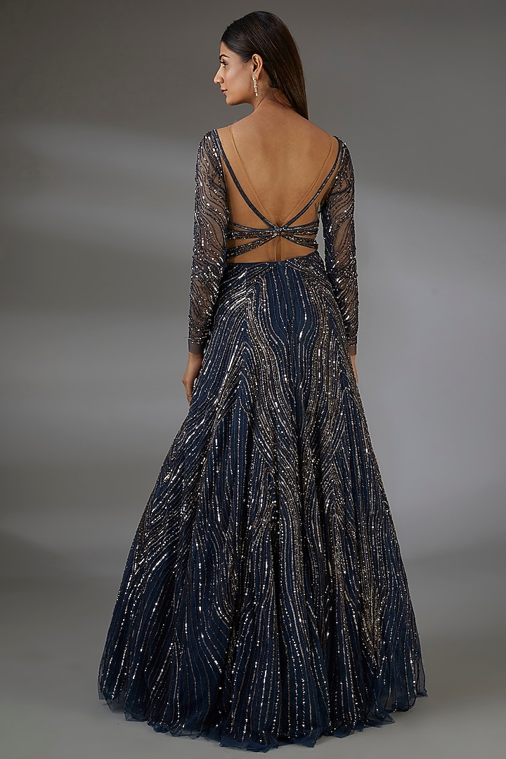 Midnight Blue & Copper Italian Tulle Hand Embroidered Flared Bridal Gown by Bhawna Rao at Pernia's Pop Up Shop