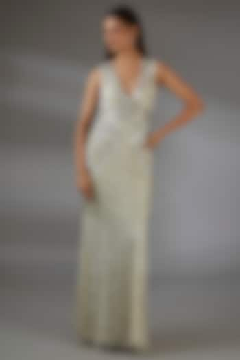 Silver Ivory Italian Tulle Sequins & Crystal Embroidered Gown by Bhawna Rao at Pernia's Pop Up Shop