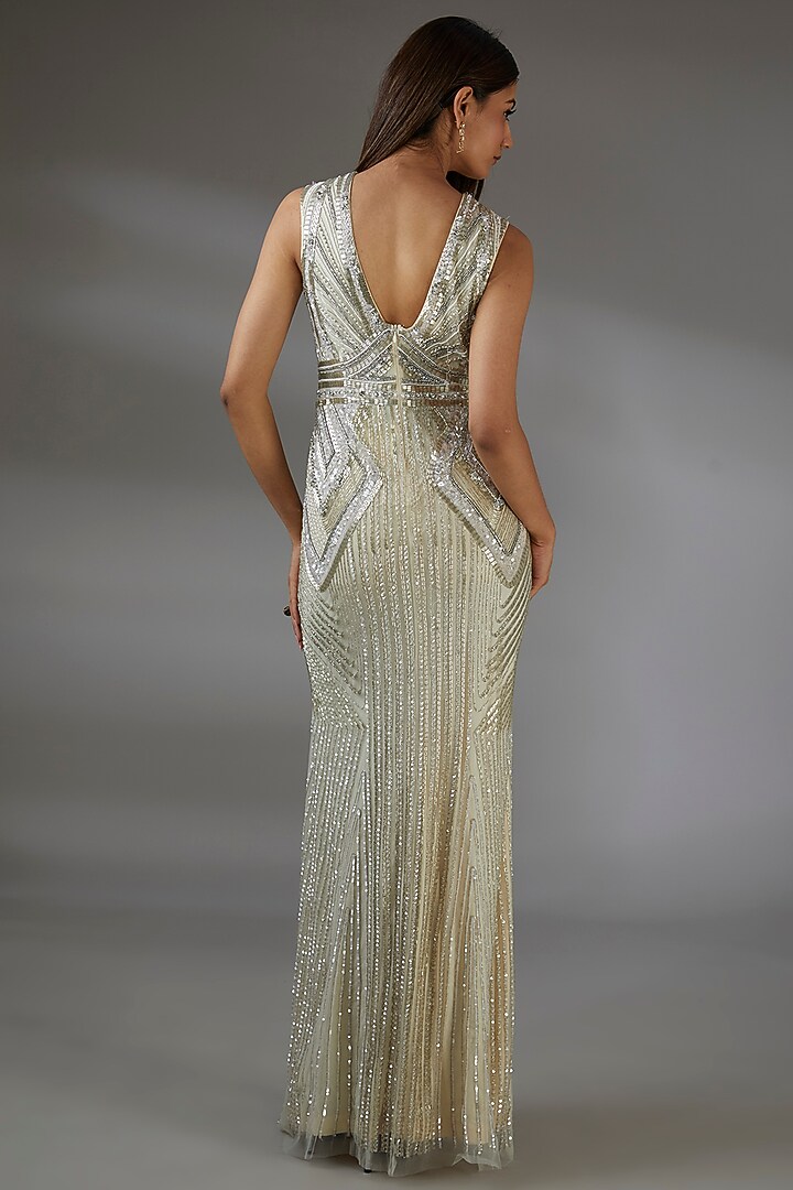 Silver Ivory Italian Tulle Sequins & Crystal Embroidered Wedding Gown by Bhawna Rao at Pernia's Pop Up Shop