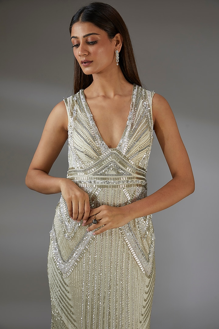 Silver Ivory Italian Tulle Sequins & Crystal Embroidered Wedding Gown by Bhawna Rao at Pernia's Pop Up Shop