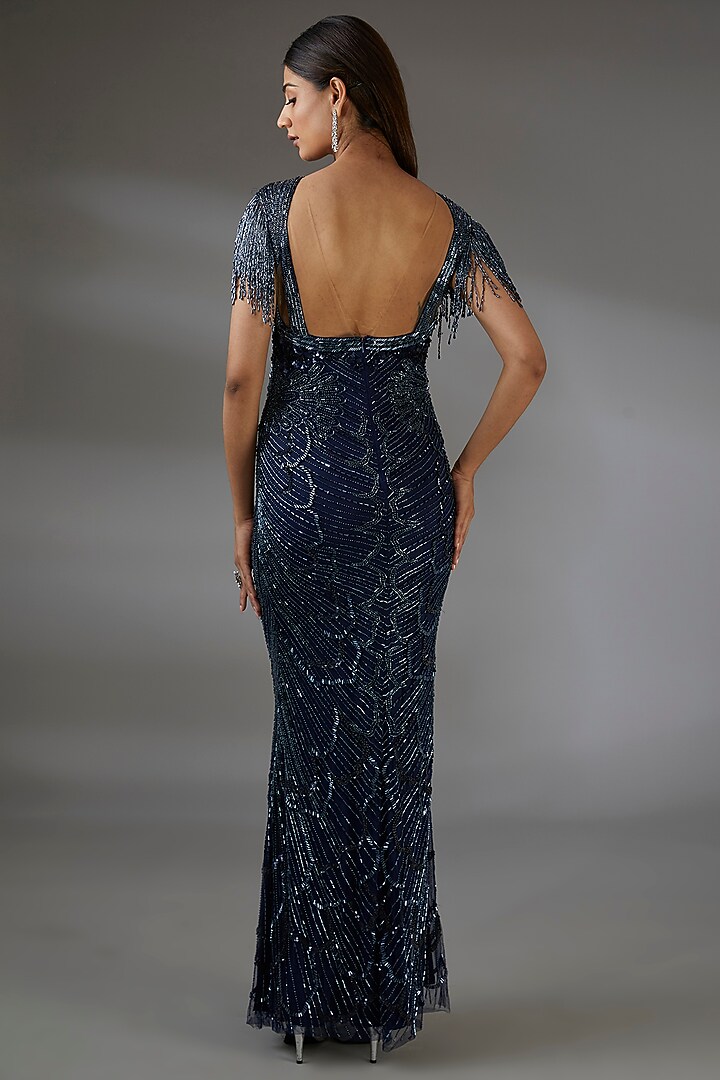 Navy Blue Italian Tulle Glass Bead Hand Embroidered Bridal Gown by Bhawna Rao at Pernia's Pop Up Shop