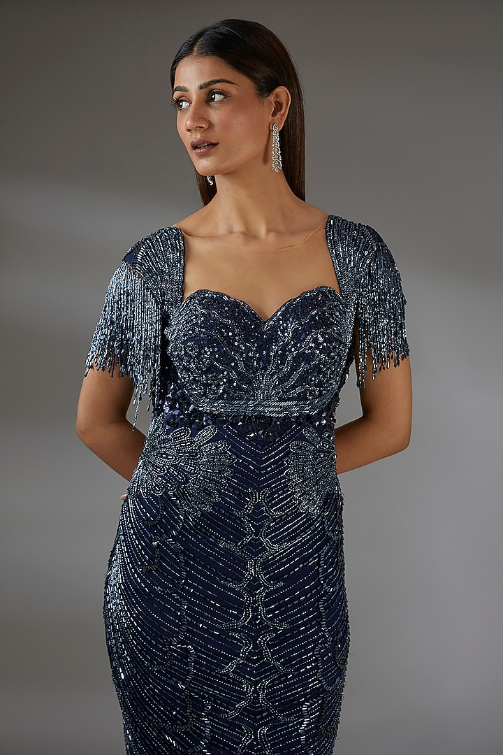 Navy Blue Italian Tulle Glass Bead Hand Embroidered Bridal Gown by Bhawna Rao at Pernia's Pop Up Shop