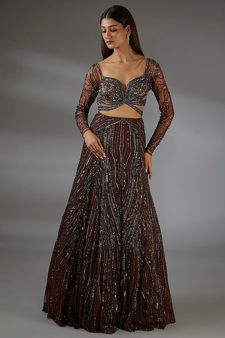 Copper Italian Tulle Hand Embroidered Flared Gown by Bhawna Rao at Pernia's Pop Up Shop