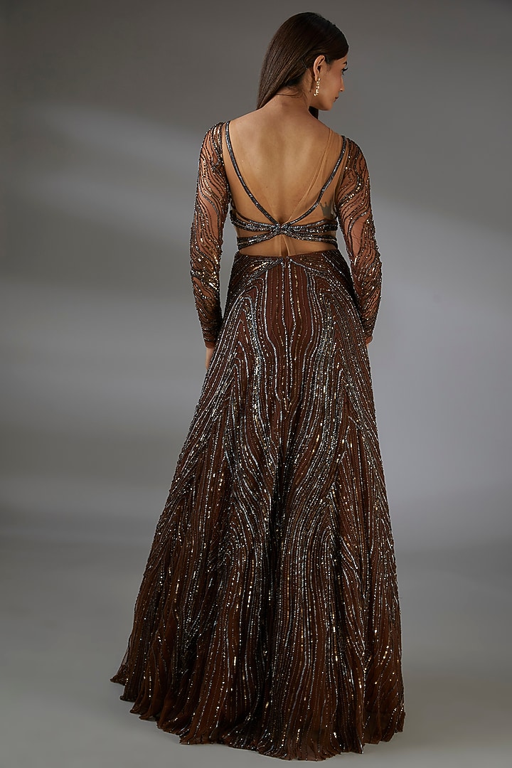 Copper Italian Tulle Hand Embroidered Flared Bridal Gown by Bhawna Rao at Pernia's Pop Up Shop