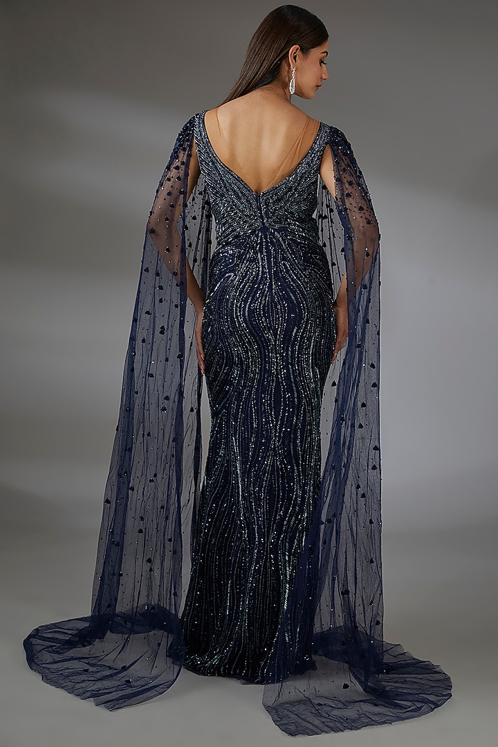 Navy Blue Italian Tulle Crystal Hand Embroidered Bridal Gown by Bhawna Rao at Pernia's Pop Up Shop