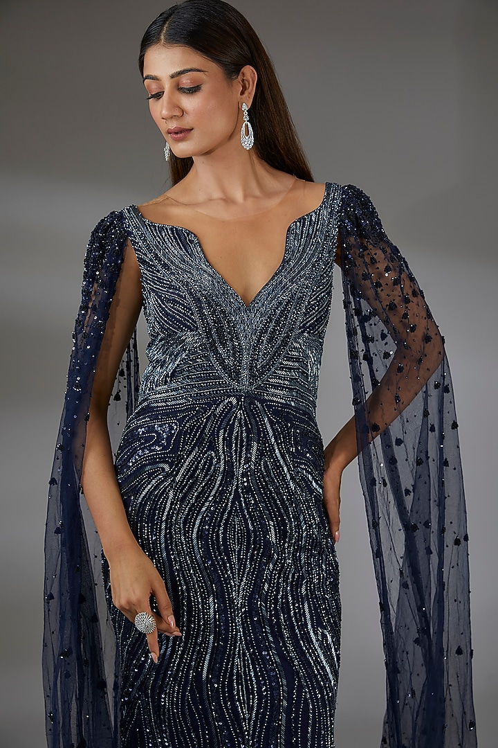 Navy Blue Italian Tulle Crystal Hand Embroidered Bridal Gown by Bhawna Rao at Pernia's Pop Up Shop