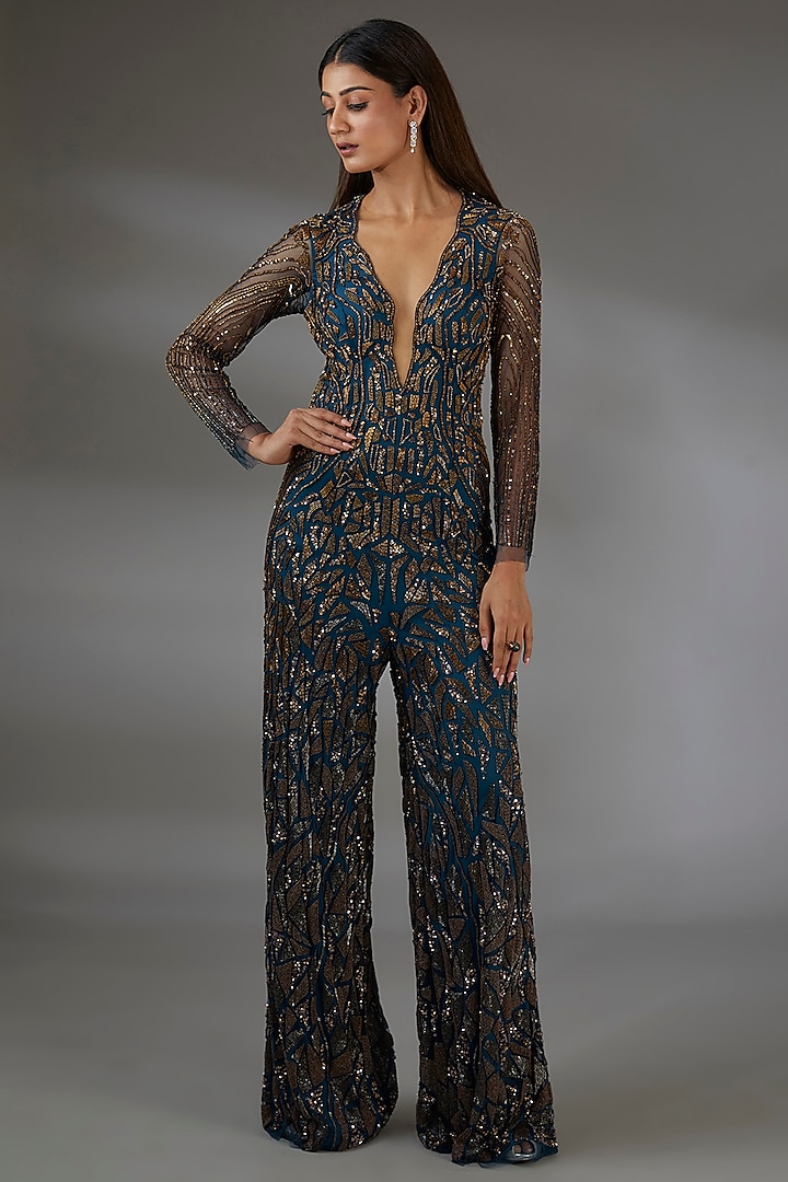 Midnight Blue & Copper Italian Tulle Swarovski Embroidered Jumpsuit by Bhawna Rao at Pernia's Pop Up Shop