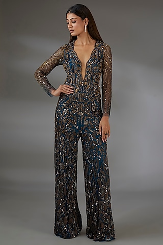 Midnight Blue & Copper Italian Tulle Swarovski Embroidered Jumpsuit by Bhawna Rao