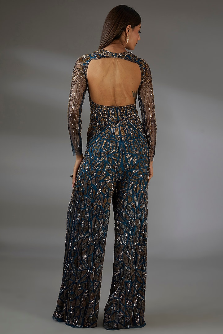 Midnight Blue & Copper Italian Tulle Swarovski Embroidered Jumpsuit by Bhawna Rao at Pernia's Pop Up Shop