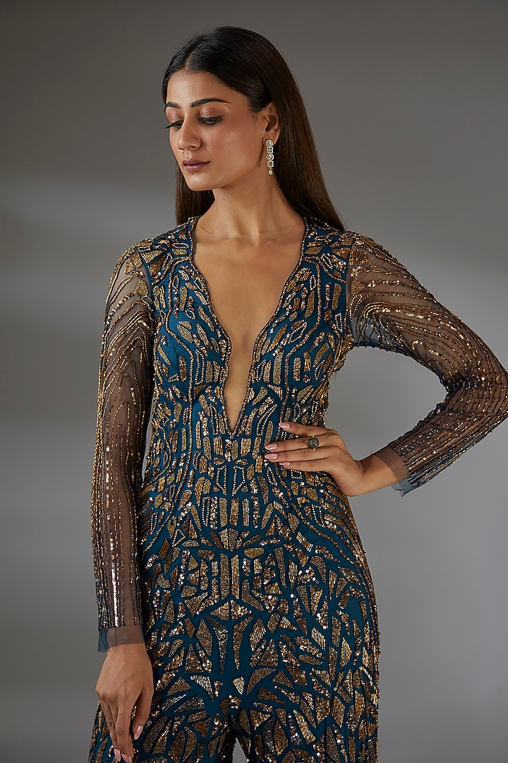 Midnight Blue & Copper Italian Tulle Swarovski Embroidered Jumpsuit by Bhawna Rao at Pernia's Pop Up Shop