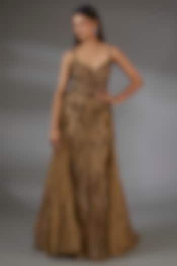 Antique Gold Italian Tulle Crystal Hand Embroidered Gown With Overskirt by Bhawna Rao at Pernia's Pop Up Shop