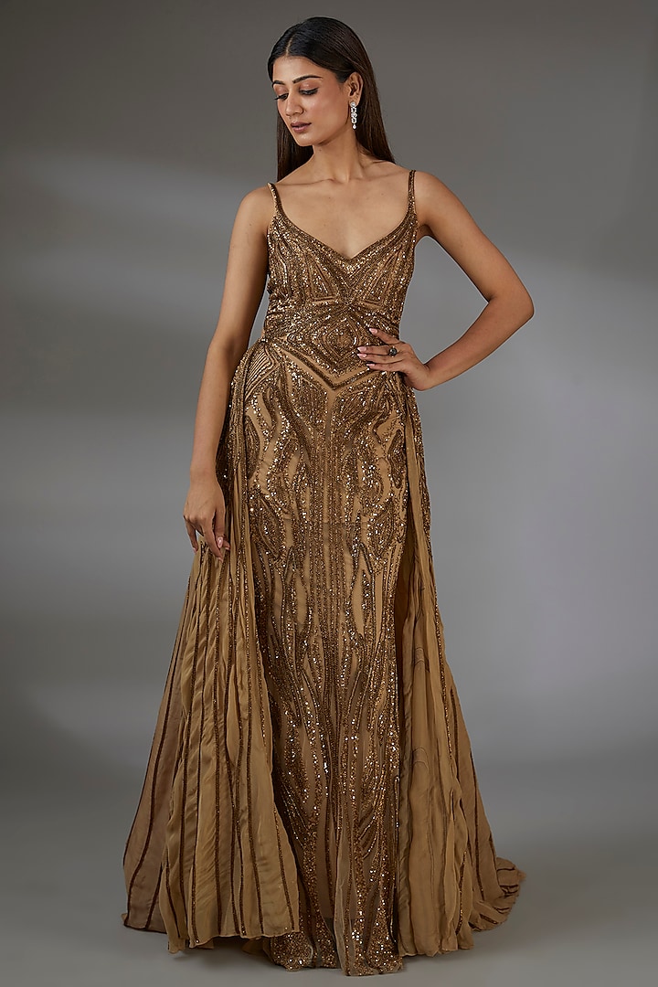 Antique Gold Italian Tulle Crystal Hand Embroidered Gown With Overskirt by Bhawna Rao at Pernia's Pop Up Shop