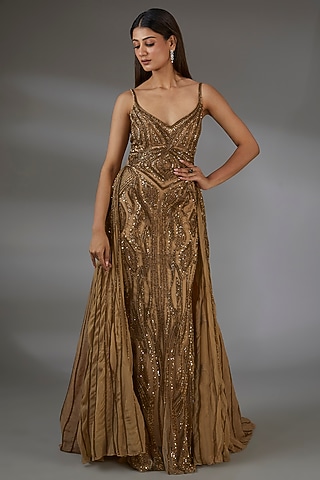 Antique Gold Italian Tulle Crystal Hand Embroidered Gown With Overskirt by Bhawna Rao
