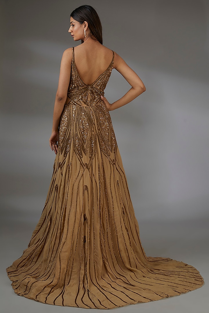 Antique Gold Italian Tulle Crystal Hand Embroidered Bridal Gown With Overskirt by Bhawna Rao at Pernia's Pop Up Shop