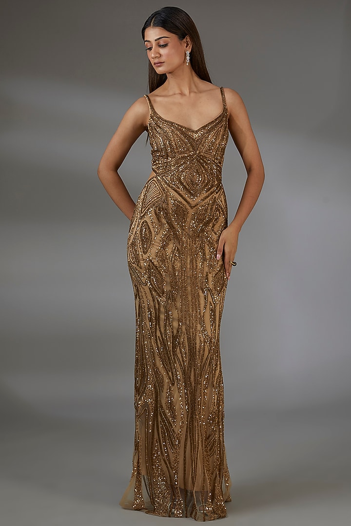 Antique Gold Italian Tulle Crystal Hand Embroidered Bridal Gown With Overskirt by Bhawna Rao at Pernia's Pop Up Shop
