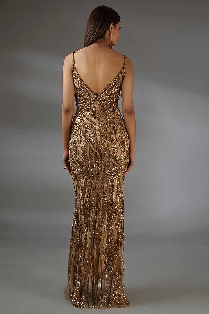 Antique Gold Italian Tulle Crystal Hand Embroidered Bridal Gown With Overskirt by Bhawna Rao at Pernia's Pop Up Shop