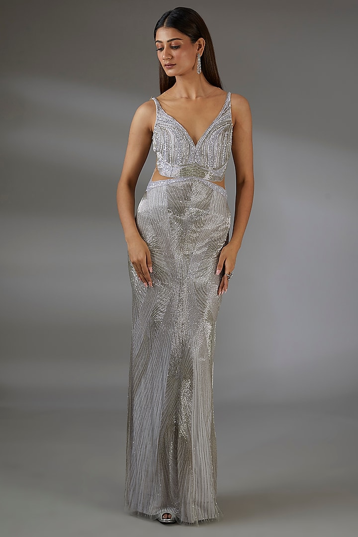 Metallic Silver Lilac Italian Tulle Crystal Embroidered Gown by Bhawna Rao at Pernia's Pop Up Shop