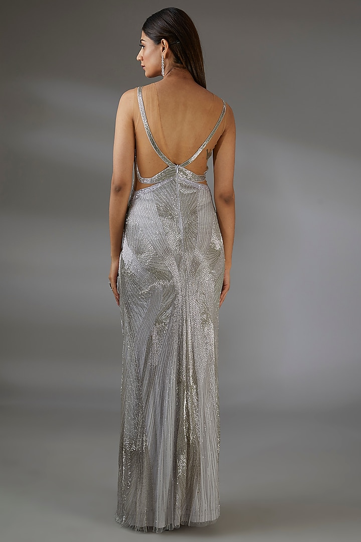 Metallic Silver Lilac Italian Tulle Crystal Embroidered Wedding Gown by Bhawna Rao at Pernia's Pop Up Shop