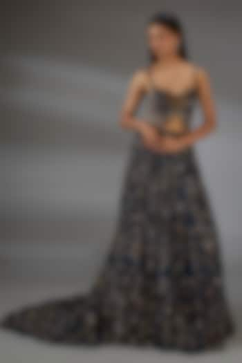 Midnight Blue & Copper Italian Tulle Hand Embroidered Flared Gown by Bhawna Rao at Pernia's Pop Up Shop