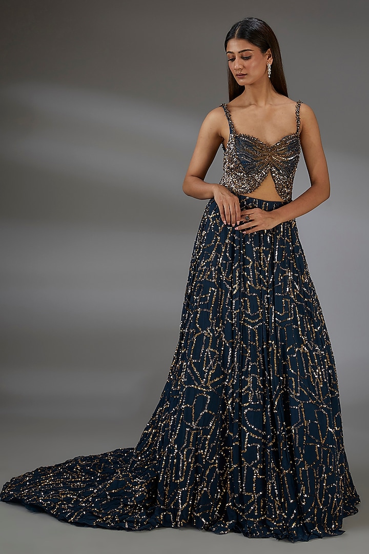 Midnight Blue & Copper Italian Tulle Hand Embroidered Flared Gown by Bhawna Rao at Pernia's Pop Up Shop