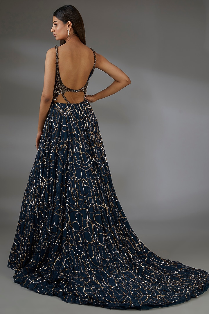 Pernia's Pop Up Shop - Bhawna Rao Women Midnight Blue & Copper Italian Tulle Hand Embroidered Flared Gown