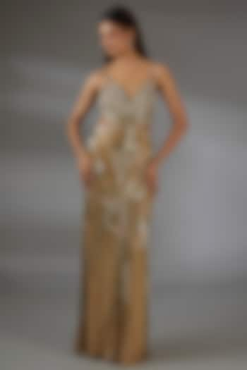 Metallic Gold Italian Tulle Crystal Hand Embroidered Sheath Gown by Bhawna Rao at Pernia's Pop Up Shop