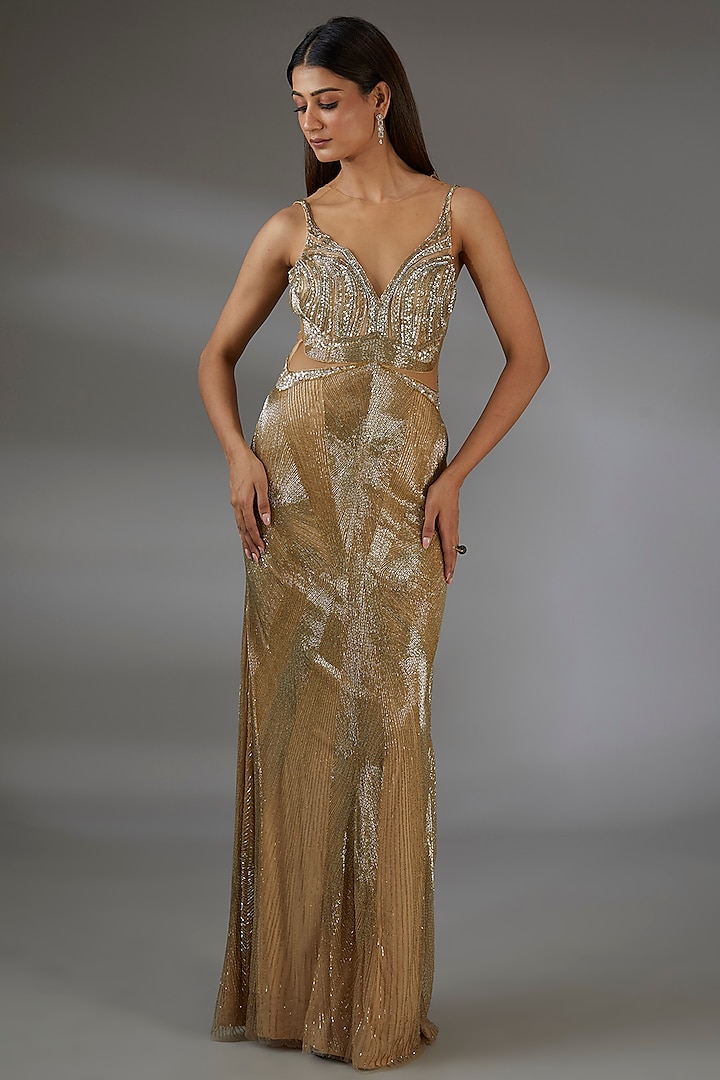 Metallic Gold Italian Tulle Crystal Hand Embroidered Sheath Gown by Bhawna Rao at Pernia's Pop Up Shop