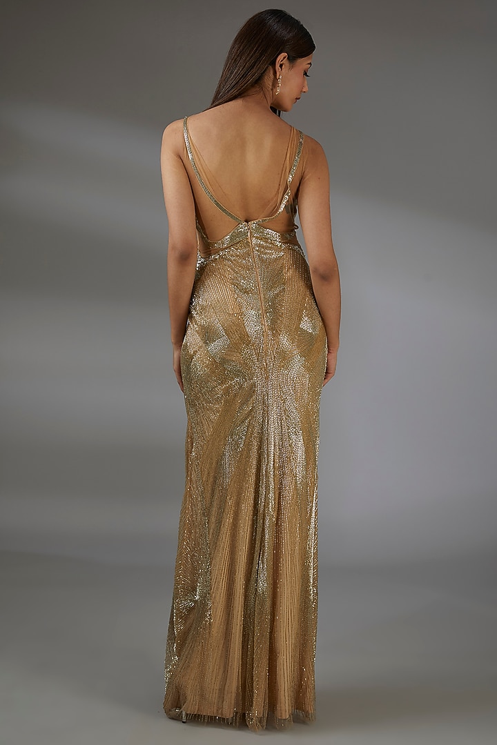 Metallic Gold Italian Tulle Crystal Hand Embroidered Sheath Wedding Gown by Bhawna Rao at Pernia's Pop Up Shop