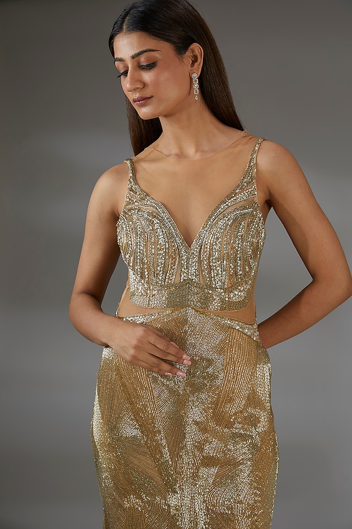 Metallic Gold Italian Tulle Crystal Hand Embroidered Sheath Wedding Gown by Bhawna Rao at Pernia's Pop Up Shop