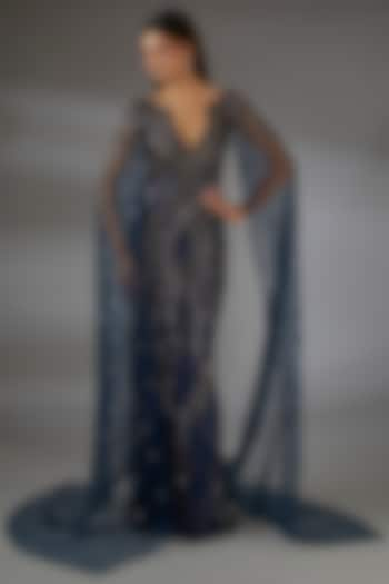 Midnight Blue & Copper Italian Tulle Crystal Embroidered  Gown by Bhawna Rao at Pernia's Pop Up Shop