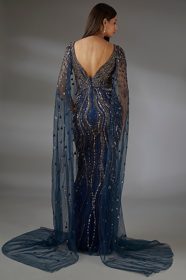 Midnight Blue & Copper Italian Tulle Crystal Embroidered Bridal Gown by Bhawna Rao at Pernia's Pop Up Shop